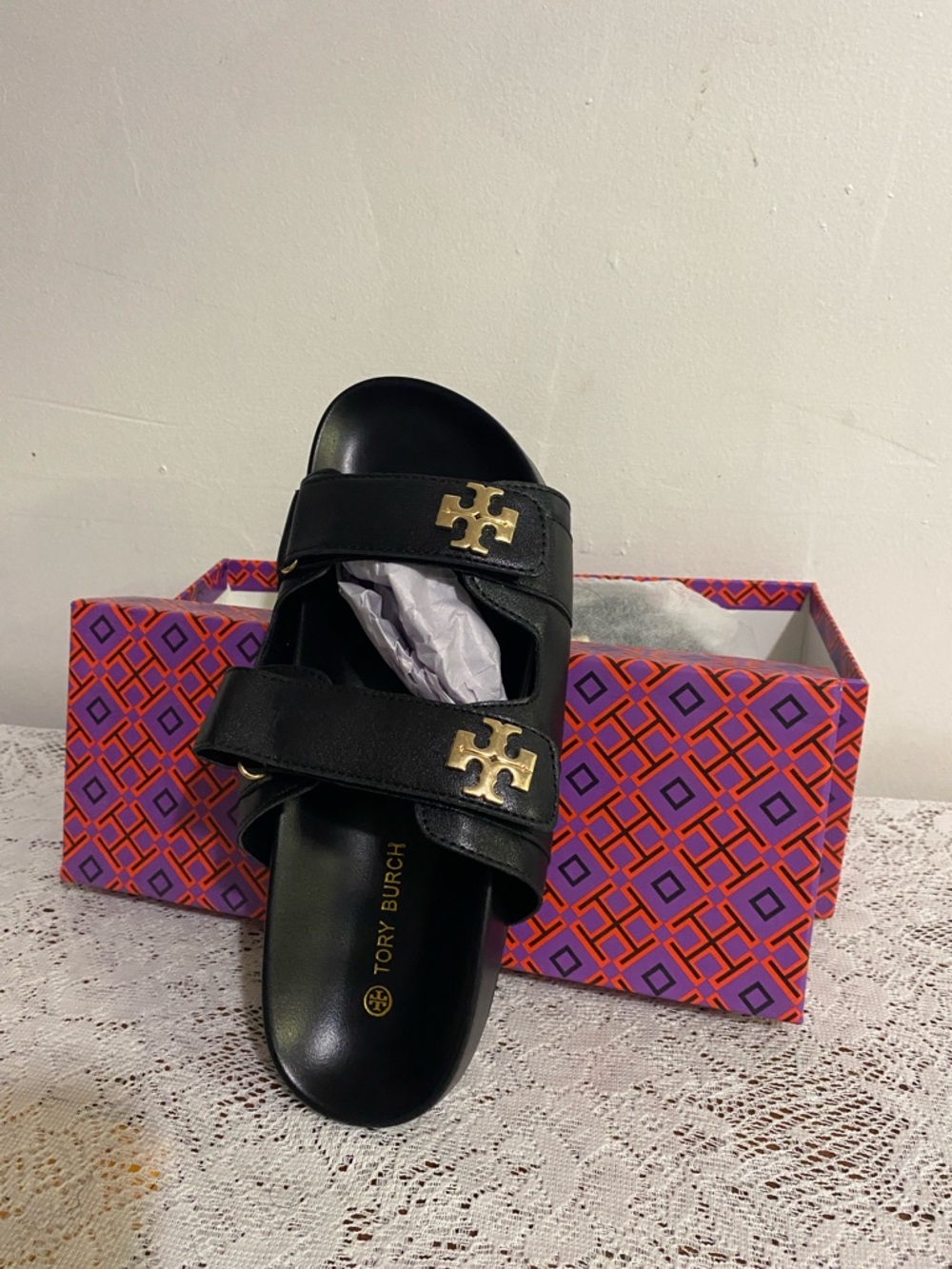 Tory Burch Black Leather Double-Strap Slides with Gold Logo Accents